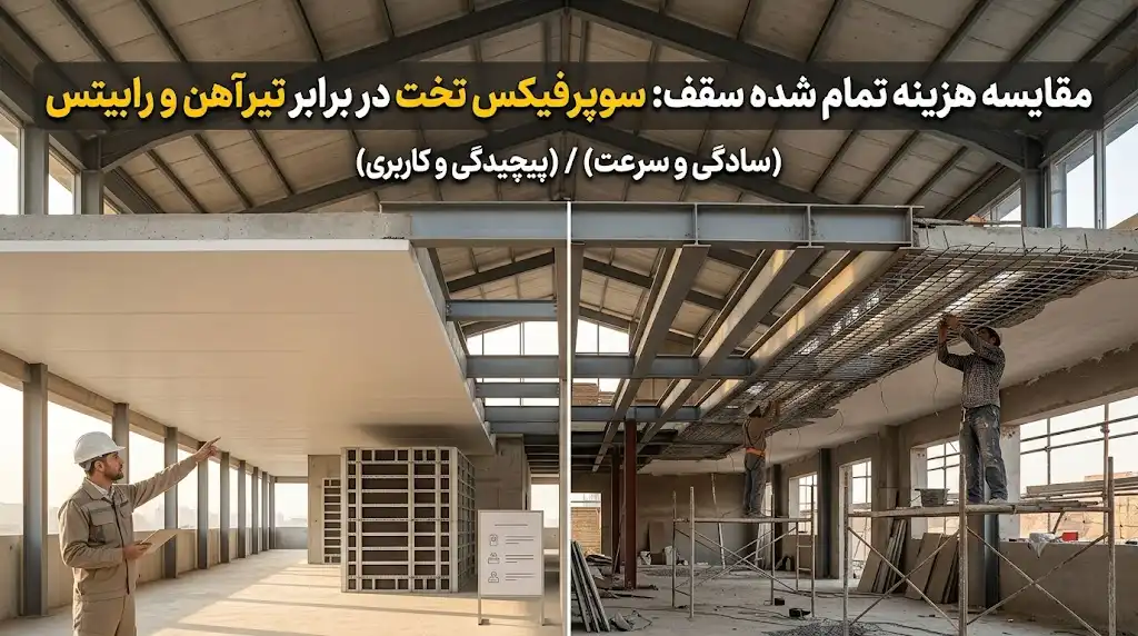 مقایسه هزینه تمام شده سقف با سوپرفیکس تخت در برابر تیرآهن و رابیتس