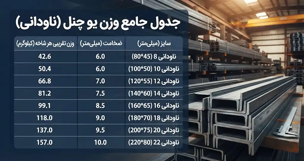 جدول وزن یو چنل در تمام سایزها و ضخامت‌ها؛ محاسبه وزن هر متر و شاخه